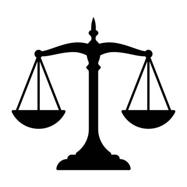 Adalet ikonu ölçekleri. Hukuk, hukuki hizmetler ve mahkeme salonu tasarımı için siyah siluet. Vektör illüstrasyonu, izole.