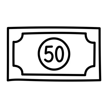 50 dolarlık banknot ikonu. Finans, tasarruf ve ödeme tasarımı için el çizimi bir banknot sembolü. Vektör illüstrasyonu, izole.