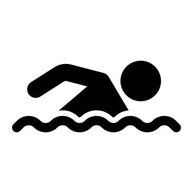 Yüzme sembolü vektör simgesi. Sudaki siyah yüzücü silueti. Spor, spor ve su aktivitesi tasarım elementi.