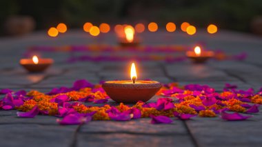 Rangoli desenli renkli çiçek yapraklarından yapılmış çiçek desenli bir çiçeğin üzerinde parlayan orta killi bir yağ lambasıyla Diwali kutlaması. Bu görüntü yapay zekayla yaratıldı.