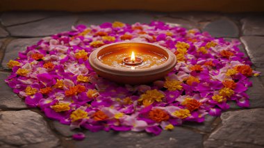 Rangoli desenli renkli çiçek yapraklarından yapılmış çiçek desenli bir çiçeğin üzerinde parlayan orta killi bir yağ lambasıyla Diwali kutlaması. Bu görüntü yapay zekayla yaratıldı.