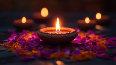 Rangoli desenli renkli çiçek yapraklarından yapılmış çiçek desenli bir çiçeğin üzerinde parlayan orta killi bir yağ lambasıyla Diwali kutlaması. Bu görüntü yapay zekayla yaratıldı.