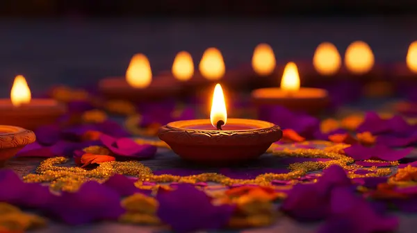Rangoli desenli renkli çiçek yapraklarından yapılmış çiçek desenli bir çiçeğin üzerinde parlayan orta killi bir yağ lambasıyla Diwali kutlaması. Bu görüntü yapay zekayla yaratıldı.