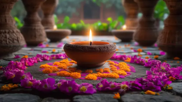 Rangoli desenli renkli çiçek yapraklarından yapılmış çiçek desenli bir çiçeğin üzerinde parlayan orta killi bir yağ lambasıyla Diwali kutlaması. Bu görüntü yapay zekayla yaratıldı.
