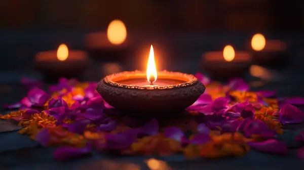 Rangoli desenli renkli çiçek yapraklarından yapılmış çiçek desenli bir çiçeğin üzerinde parlayan orta killi bir yağ lambasıyla Diwali kutlaması. Bu görüntü yapay zekayla yaratıldı.