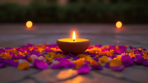 Rangoli desenli renkli çiçek yapraklarından yapılmış çiçek desenli bir çiçeğin üzerinde parlayan orta killi bir yağ lambasıyla Diwali kutlaması. Bu görüntü yapay zekayla yaratıldı.