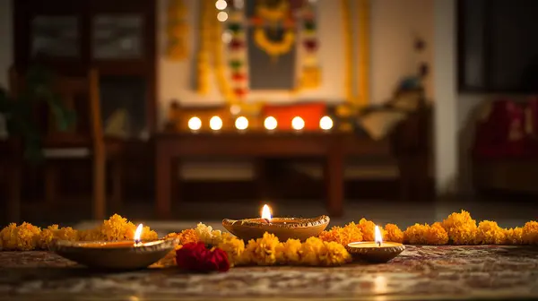 stock image Candles glowing with soft light creating a peaceful and joyful Diwali background. this image was created with artificial intelligence