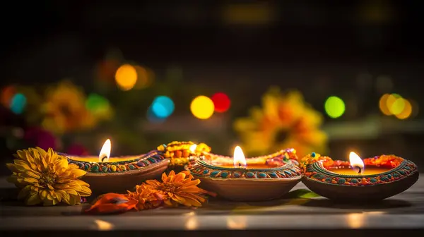 stock image Candles glowing with soft light creating a peaceful and joyful Diwali background. this image was created with artificial intelligence