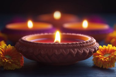 Geleneksel bir Deepam gaz lambasının detaylı bir yakın çekimi. Diwali 'deki ışığın saflığını sembolize eden karmaşık tasarımı ve sıcak, parıldayan ışığını yakalıyor. Bu görüntü yapay zekayla yaratıldı.