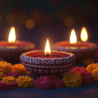 Geleneksel bir Deepam gaz lambasının detaylı bir yakın çekimi, onun karmaşık tasarımı ve sıcak, parıldayan ışığı, Diwali sırasında ışığın saflığını sembolize ediyor..