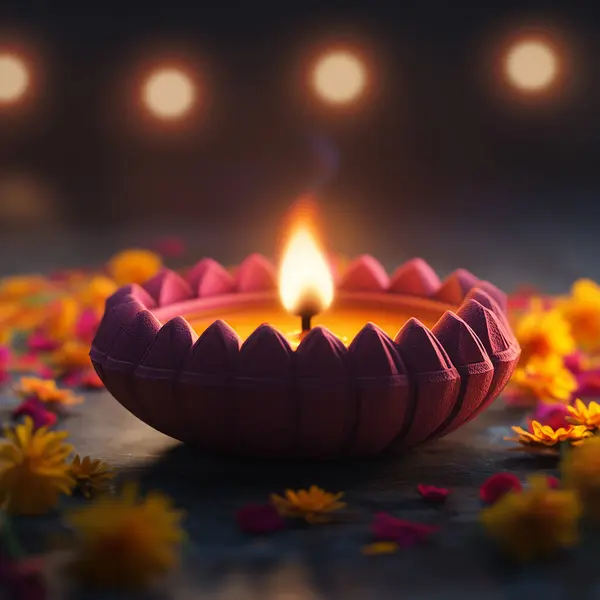 Geleneksel bir Deepam gaz lambasının detaylı bir yakın çekimi, onun karmaşık tasarımı ve sıcak, parıldayan ışığı, Diwali sırasında ışığın saflığını sembolize ediyor..