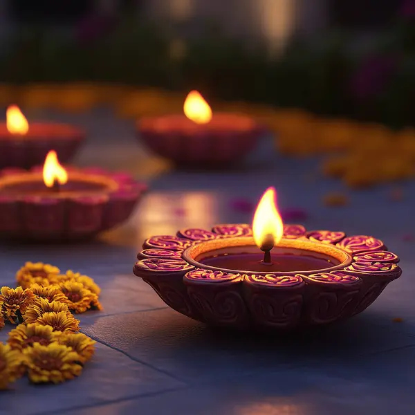 stock image A detailed close-up of a traditional Deepam oil lamp, capturing its intricate design and warm, glowing light, symbolizing the purity of light during Diwali. this image was created with artificial intelligence