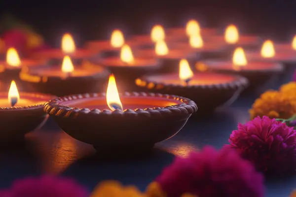 Geleneksel bir Deepam gaz lambasının detaylı bir yakın çekimi. Diwali 'deki ışığın saflığını sembolize eden karmaşık tasarımı ve sıcak, parıldayan ışığını yakalıyor. Bu görüntü yapay zekayla yaratıldı.