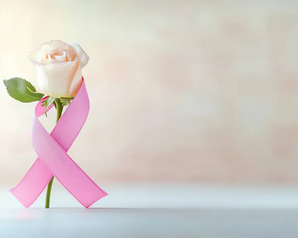  Pembe kurdeleli bir gül. Göğüs kanseri önleme kampanyası. Pembe Ekim. Yapay Zeka ile oluşturuldu