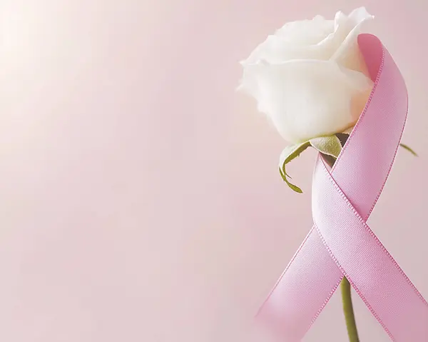 Pembe kurdeleli bir gül. Göğüs kanseri önleme kampanyası. Pembe Ekim. Yapay Zeka ile oluşturuldu
