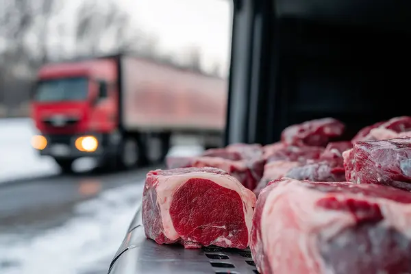 stock image Frozen Meat Loaded on Shelves Inside a Refrigerated Truck Arriving at a Warehouse. generated with AI