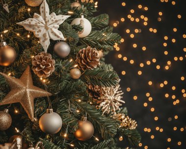 Ağaçta asılı güzel Noel süsleri, bayram atmosferini çağrıştırıyor. Yapay Zeka ile oluşturuldu