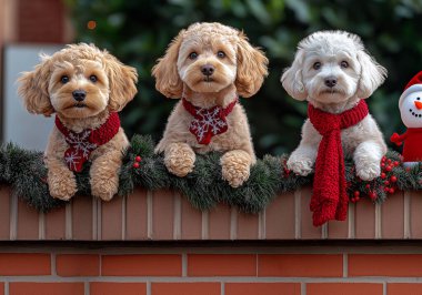 Three Dogs Surrounded by a Christmas Setting. Merry Christmas. generated with AI clipart