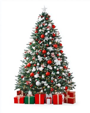 Beyaz arka planda hediyelerle süslenmiş Noel Ağacı. Mutlu noeller. Yapay Zeka ile oluşturuldu