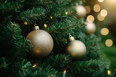 Noel ağacındaki Noel süsleri. Mutlu noeller. Yapay Zeka ile oluşturuldu