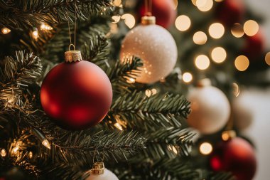 Noel ağacındaki Noel süsleri. Mutlu noeller. Yapay Zeka ile oluşturuldu