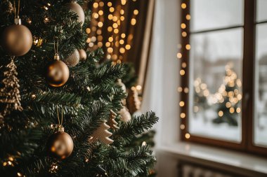Noel süsleri pencerenin yakınındaki bir ağaçta asılı, doğal ışık bayram havasını artırıyor. Yapay Zeka ile oluşturuldu