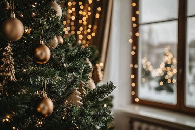 Christmas ornaments hanging on a tree near a window, with natural light enhancing the holiday mood. generated with AI clipart