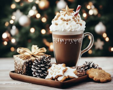 Sıcak çikolata ve kurabiyelerle Noel Kahvaltısı. Arka plandaki Noel Ağacı. Yapay Zeka ile oluşturuldu