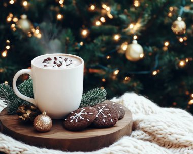 Sıcak çikolata ve kurabiyelerden oluşan samimi bir Noel kahvaltısı. Arka planda güzel süslenmiş bir ağaç var. Yapay Zeka ile oluşturuldu