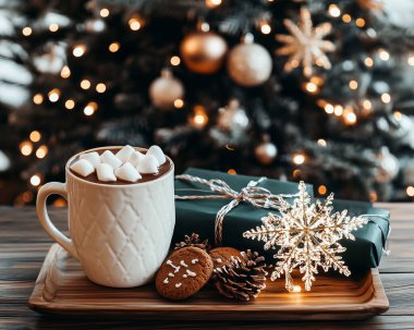 Sıcak çikolata ve kurabiyelerden oluşan samimi bir Noel kahvaltısı. Arka planda güzel süslenmiş bir ağaç var. Yapay Zeka ile oluşturuldu