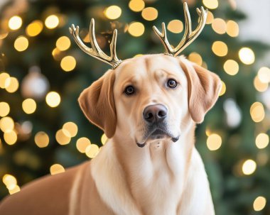 Ren geyiği boynuzlarıyla Labrador Köpeği. Arka plandaki Noel Ağacı