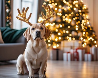 Arka planda Noel ağacı olan ren geyiği boynuzu takan Labrador köpeği neşeli bir tatil ruhu sergiliyor. Yapay Zeka ile oluşturuldu