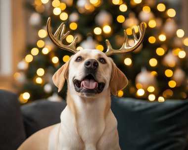 Arka planda Noel ağacı olan ren geyiği boynuzu takan Labrador köpeği neşeli bir tatil ruhu sergiliyor. Yapay Zeka ile oluşturuldu