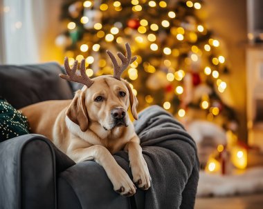 Arka planda Noel ağacı olan ren geyiği boynuzu takan Labrador köpeği neşeli bir tatil ruhu sergiliyor. Yapay Zeka ile oluşturuldu