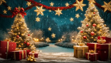 Kırmızı ve Altın Çelenkli Noel Ağaçları Kırmızı Kutularda Yıldız Şeklindeki Kar Taneleri ile Karlı Ormanda. Mutlu noeller. Yapay Zeka ile oluşturuldu