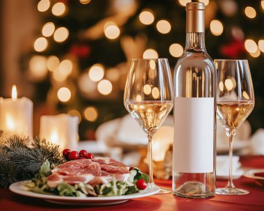 Noel ağacının yanındaki bardakta bir tabak yiyecek ve içecekle Noel yemeği. Mutlu noeller. Yapay Zeka ile oluşturuldu