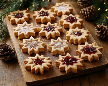 Şenlikli Noel kurabiyeleri, güzel düzenlenmiş ve güzel bir tatil ziyafeti için mükemmel. Yapay Zeka ile oluşturuldu