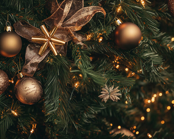 Close-up of beautiful Christmas ornaments hanging on a tree, evoking the festive holiday atmosphere. generated with AI