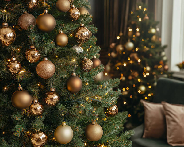 Close-up of beautiful Christmas ornaments hanging on a tree, evoking the festive holiday atmosphere. generated with AI
