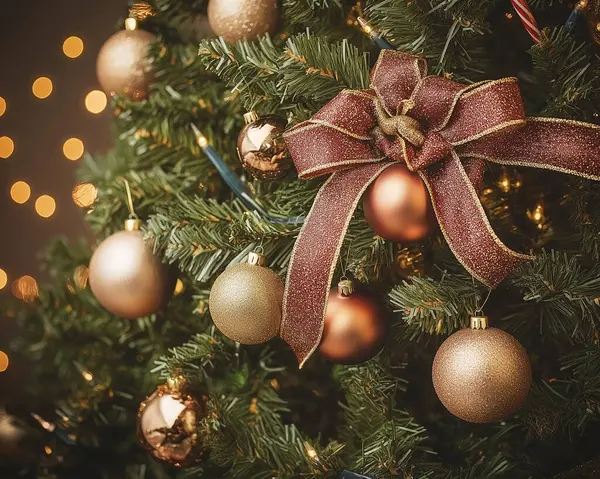 Ağaçta asılı güzel Noel süsleri, bayram atmosferini çağrıştırıyor. Yapay Zeka ile oluşturuldu