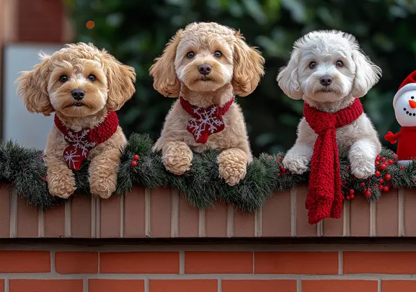 Üç Köpeğin Etrafı Noel Ayarlarıyla çevrili. Mutlu noeller. Yapay Zeka ile oluşturuldu