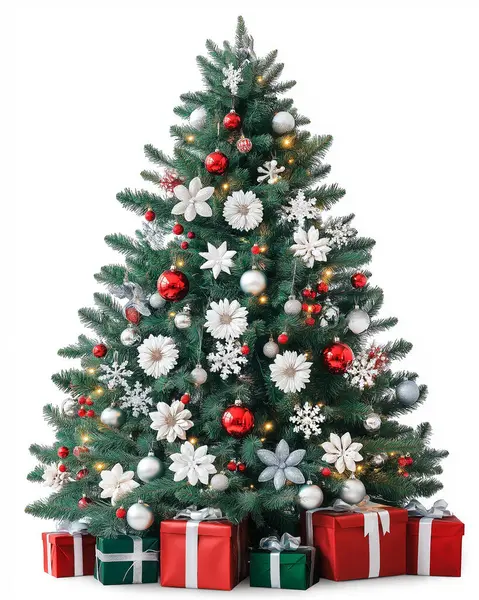 Beyaz arka planda hediyelerle süslenmiş Noel Ağacı. Mutlu noeller. Yapay Zeka ile oluşturuldu