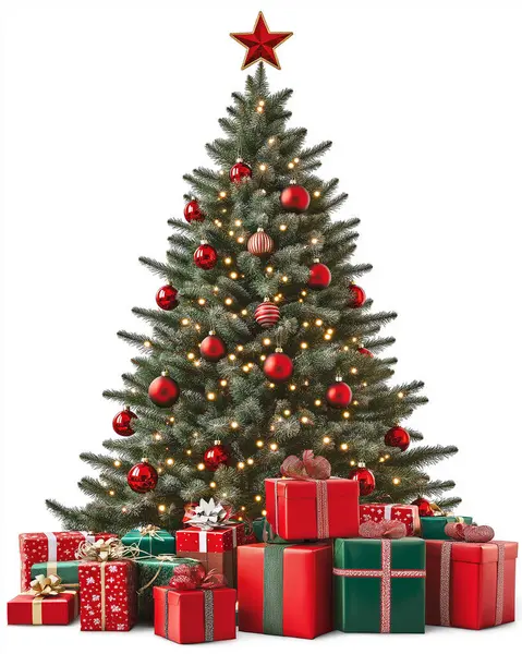 Beyaz arka planda hediyelerle süslenmiş Noel Ağacı. Mutlu noeller. Yapay Zeka ile oluşturuldu