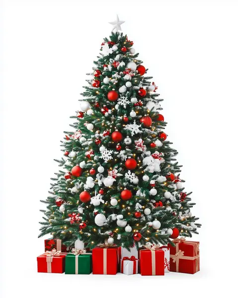 Beyaz arka planda hediyelerle süslenmiş Noel Ağacı. Mutlu noeller. Yapay Zeka ile oluşturuldu