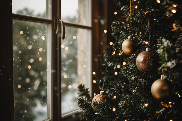 Christmas ornaments hanging on a tree near a window, with natural light enhancing the holiday mood. generated with AI
