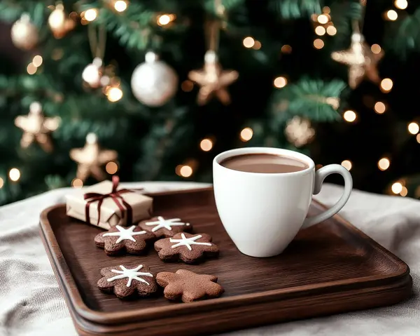 Sıcak çikolata ve kurabiyelerle Noel Kahvaltısı. Arka plandaki Noel Ağacı. Yapay Zeka ile oluşturuldu