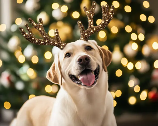 Arka planda Noel ağacı olan ren geyiği boynuzu takan Labrador köpeği neşeli bir tatil ruhu sergiliyor. Yapay Zeka ile oluşturuldu