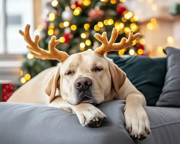 Arka planda Noel ağacı olan ren geyiği boynuzu takan Labrador köpeği neşeli bir tatil ruhu sergiliyor. Yapay Zeka ile oluşturuldu
