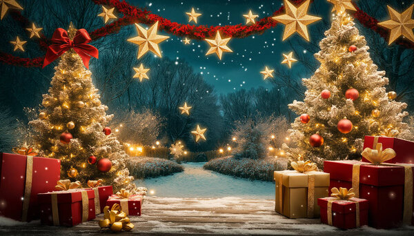 Christmas Trees Lit with Red and Gold Garlands in a Snowy Forest with Star-Shaped Snowflakes Near Christmas Gifts in Red Boxes. Merry Christmas. generated with AI
