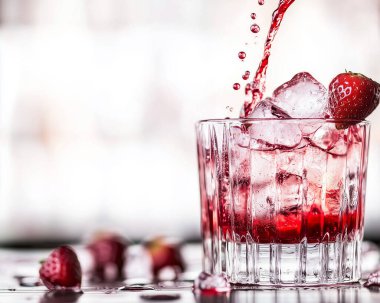 Bir kokteyl bardağına dökülen sıvı akışını gösteren dinamik bir görüntü profesyonel bir ortamda hazırlık anını yakalıyor. Yapay Zeka ile oluşturuldu